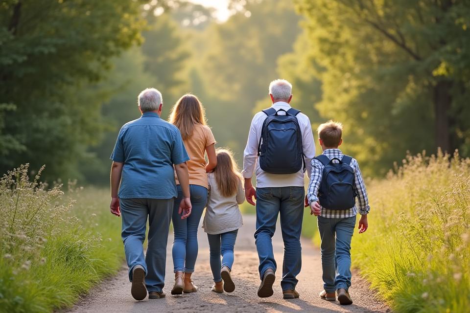 Multigenerational family hiking together